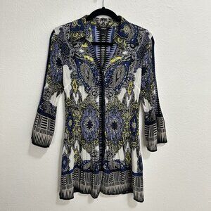 Alfani Paisley Geo Button Front Tunic Blouse Pleated Chiffon Blue White Size 12